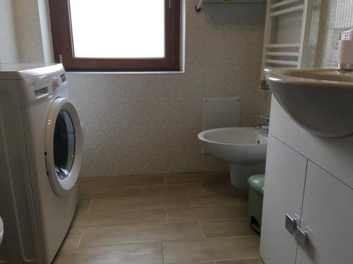 a bathroom with a washing machine and a sink at Antica Casa Nella in Venas