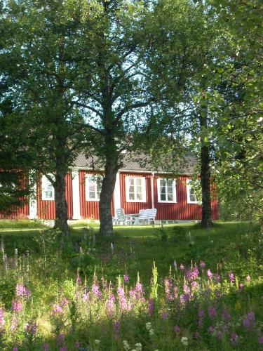 ein rotes Haus mit Bäumen und einem Garten mit Blumen in der Unterkunft Å-hemmet i Dikanäs in Kittelfjäll