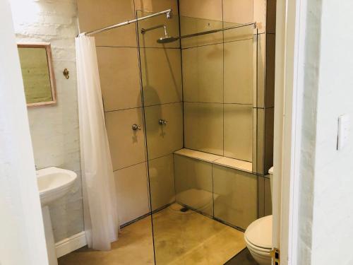 a glass shower in a bathroom with a toilet at The Lemon Tree in Prince Albert