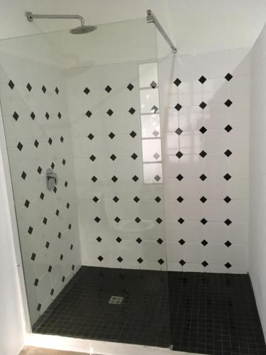 a bathroom with a shower with black and white tiles at Bayerley in Plettenberg Bay