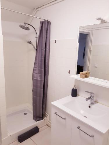 une salle de bain blanche avec une douche et un lavabo dans l'établissement Studio hyper centre, tout confort, à Lourdes