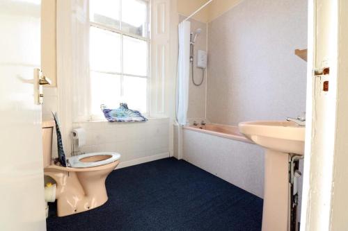 a bathroom with a toilet and a sink and a window at The Bridge Inn in Tillicoultry