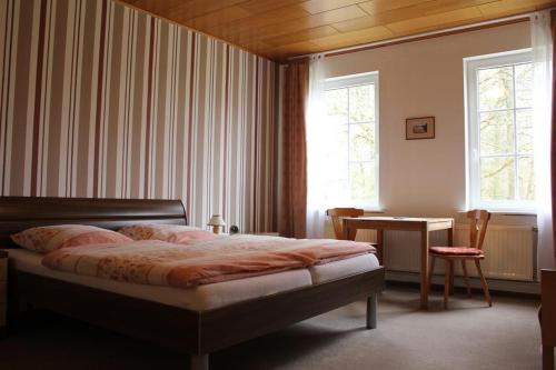 een slaapkamer met een bed, een tafel en 2 ramen bij Tödter in Soltau