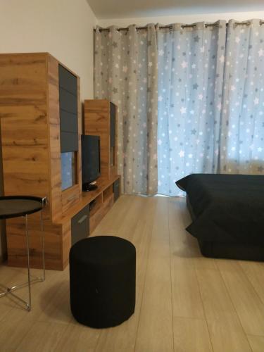 Košice Smart Apartmán في كوشيتسه: غرفة معيشة بها أريكة وتلفزيون