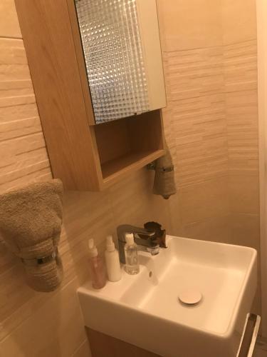 une salle de bain avec un lavabo blanc et un miroir dans l'établissement L’ensoleillée, à Nice