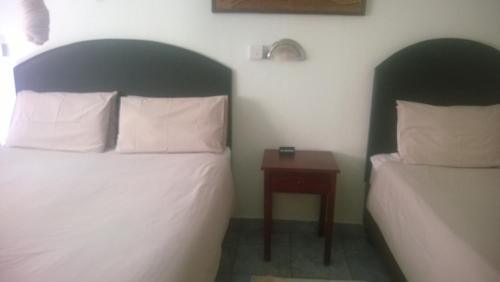 a bedroom with a bed and a side table at Gloria's Bed and Breakfast in Livingstone