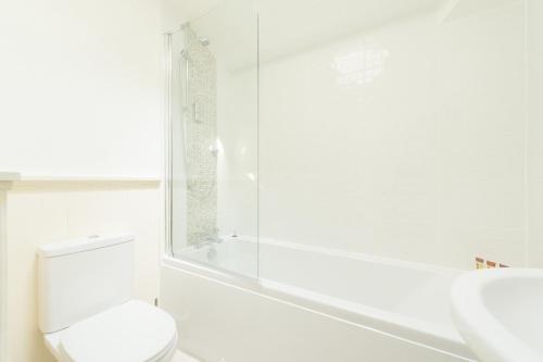 a bathroom with a shower and a toilet and a sink at Mill View in Northleach