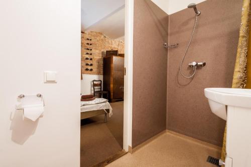 uma casa de banho com um chuveiro, um WC e um lavatório. em Janne Hotel em Riga