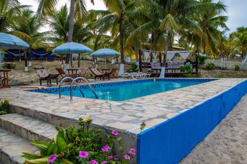 a pool with chairs and umbrellas and palm trees at Pousada o Forte in Mangue Sêco