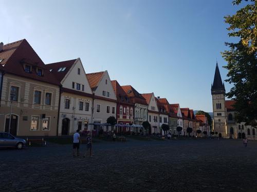 a group of people standing in a street with buildings at Penzión Čergov in Hervartov
