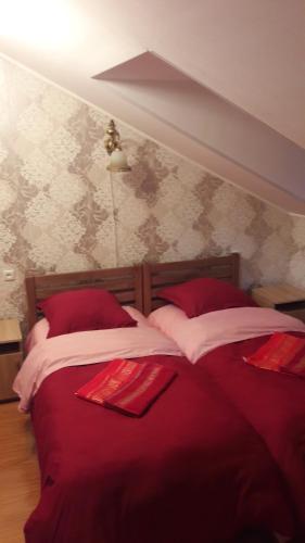 ein Schlafzimmer mit einem roten Bett und roten Kissen in der Unterkunft NINI in Tbilisi City