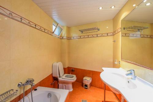 拉加納斯的住宿－Timos Hotel，一间带卫生间、水槽和镜子的浴室