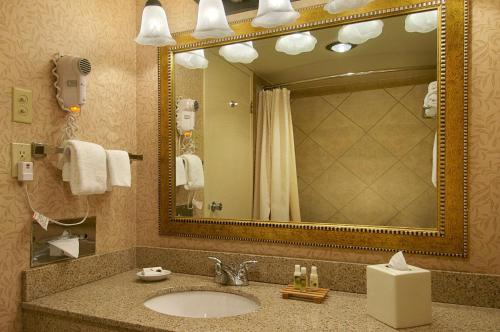 a bathroom with a sink and a large mirror at Red Lion Hotel Kelso in Kelso