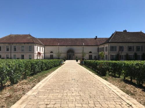 a cobblestone driveway leading to a building with a large building at Chateau de Chassagne-Montrachet in Chassagne-Montrachet