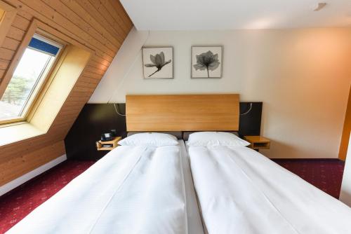 two beds in a room with a window at City Hotel in Brunnen