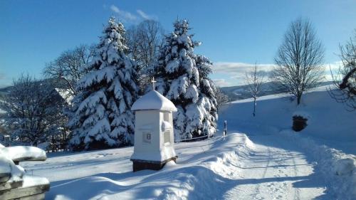 a snow covered yard with trees and a white tower at Stylová chalupa na kraji národního parku Šumava in Strunkov