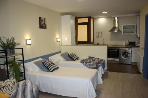 sala de estar con 2 camas y cocina en Casa Do Medio, en Santiago de Compostela