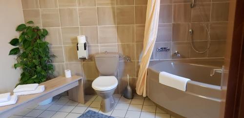 La salle de bains est pourvue de toilettes et d'une baignoire. dans l'établissement Hotel Garni Julia, à Linnich