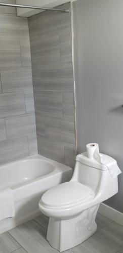 a white bathroom with a toilet and a bath tub at Collingwood MOTEL in Collingwood
