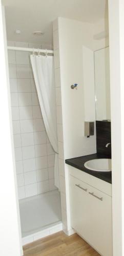 a white bathroom with a shower and a sink at Quartier36 in Schleswig