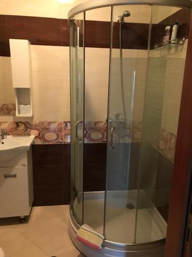 a shower with a glass enclosure in a bathroom at Apartment Bonne Chance in Sofia
