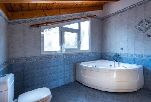 a bathroom with a tub and a toilet and a window at Villa Aphrodite in Pastida