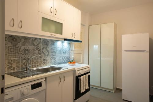 eine Küche mit weißen Schränken, einer Spüle und einem Kühlschrank in der Unterkunft Athens Garden House - 3 Guests in Athen