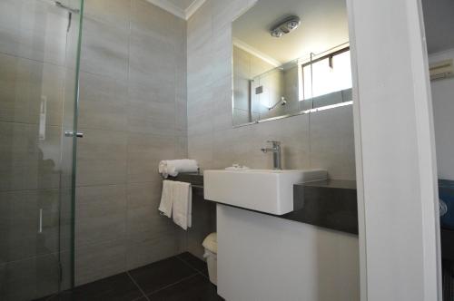 a bathroom with a sink and a glass shower at Paruna Motel in Swan Hill