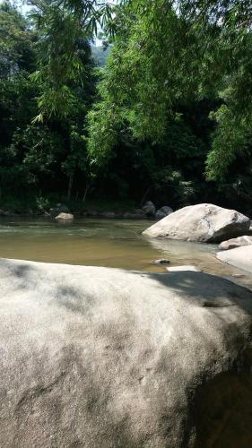 a body of water with a rock and trees at Pousada Vertente das Águas in Lumiar