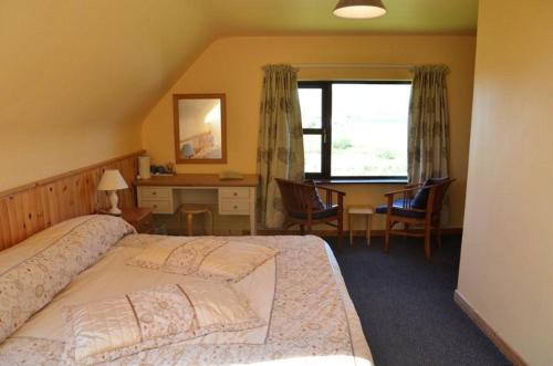 a bedroom with a bed and a desk and a window at DeCourcey's Hazelbrook Farmhouse B&B in Cleggan