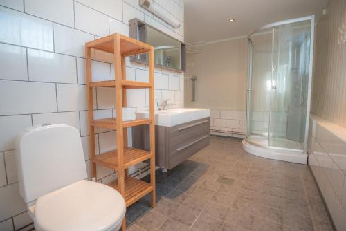 La salle de bains est pourvue de toilettes, d'un lavabo et d'une douche. dans l'établissement Fjelltun 12-Sengs, à Trysil