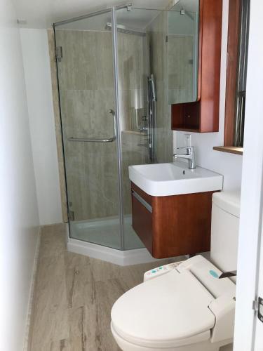 a bathroom with a shower and a toilet and a sink at Hakuba West Coast Inn, Villa in Hakuba
