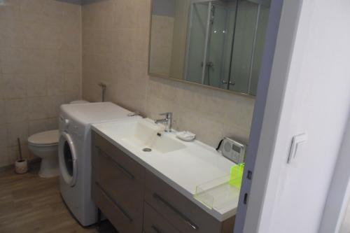 ein Badezimmer mit einem Waschbecken, einem WC und einem Spiegel in der Unterkunft Appartement Paisible in Briançon