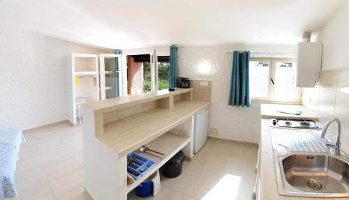 une petite cuisine avec un évier et un comptoir dans l'établissement Village Naturiste La Chiappa, à Porto-Vecchio