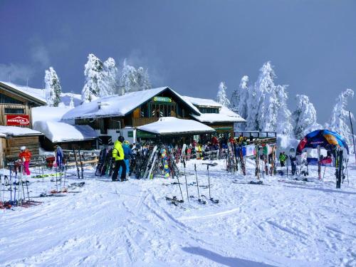 a group of people standing in the snow near a ski lodge at Pension Edelweiss Top 25 in Gosau