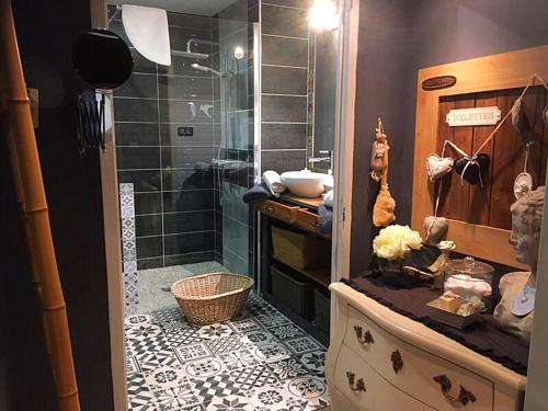 a bathroom with a shower and a sink at La Parenthèse in Casteljaloux