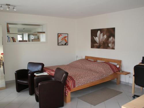 1 dormitorio con 1 cama con 2 sillas y espejo en Ferienwohnungen Familie Schwarze en Grenzach-Wyhlen