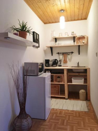a kitchen with a sink and a refrigerator at Ferienhaus am Kagerstein in Neukirchen beim Heiligen Blut