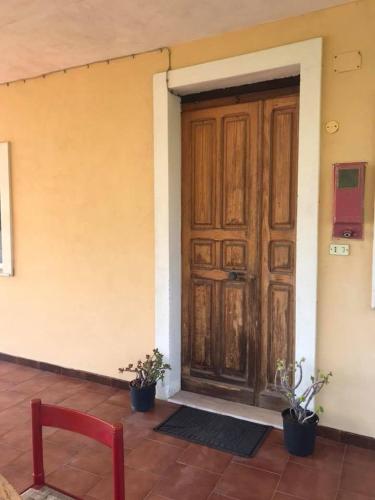 a wooden door of a house with two potted plants at La Terrazza sul Mare in Palmi