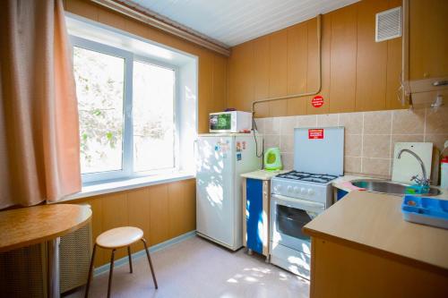 チャイコフスキーにあるКвартира на Мира, 14-36のキッチン(冷蔵庫、コンロ付)、窓が備わります。