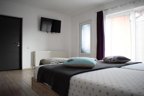 a bedroom with two beds and a television on the wall at Bruno Apartment in Cluj-Napoca