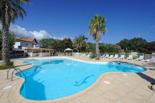 a large swimming pool with palm trees and chairs at Camping Cavallo Morto in Bonifacio