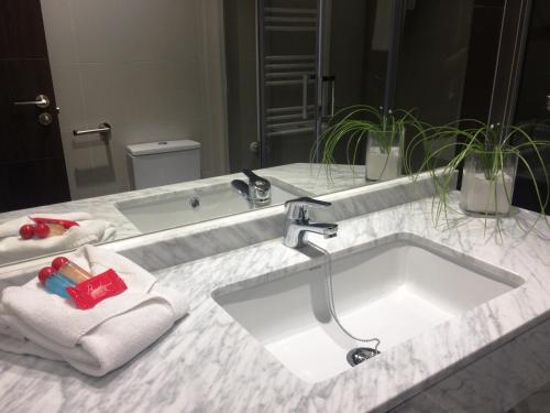 een badkamerbar met een wastafel en een spiegel bij Apartamentos Turísticos Pueri Cantores in Burgos