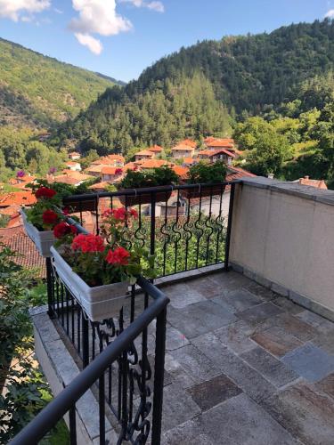 a balcony with flowers on it with a view at Ambrozia Spa and Relax family house in Bachkovo