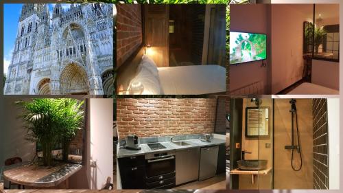 un collage de photos d'une salle de bains et d'un bâtiment dans l'établissement Suite Vintage Rouen, à Rouen