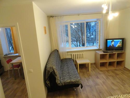 a living room with a couch and a television at Apartment Arena Riga quiet center FREE PARKING in Rīga