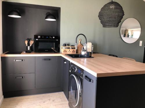 eine Küche mit einer Waschmaschine und einer Theke mit einer Spüle in der Unterkunft Appartement Casalea - Casadibastia - Bastia centre in Bastia