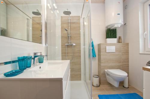 a bathroom with a shower and a sink and a toilet at Marina Nadole in Nadole