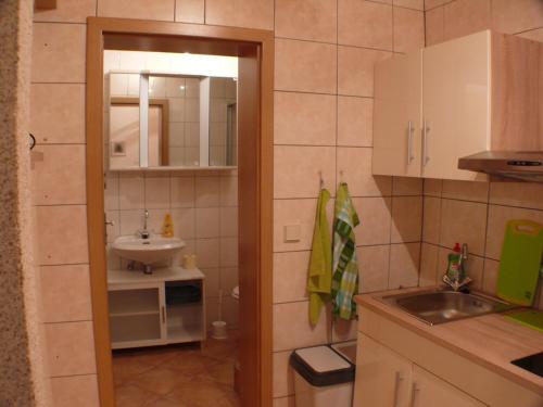 een kleine keuken met een wastafel en een spiegel bij Apartment im Grünen mit Anbindung ans Zentrum in Erfurt