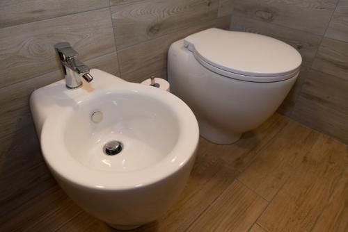 a white toilet sitting in a bathroom next to a sink at La Vigne de Papagran in Aosta